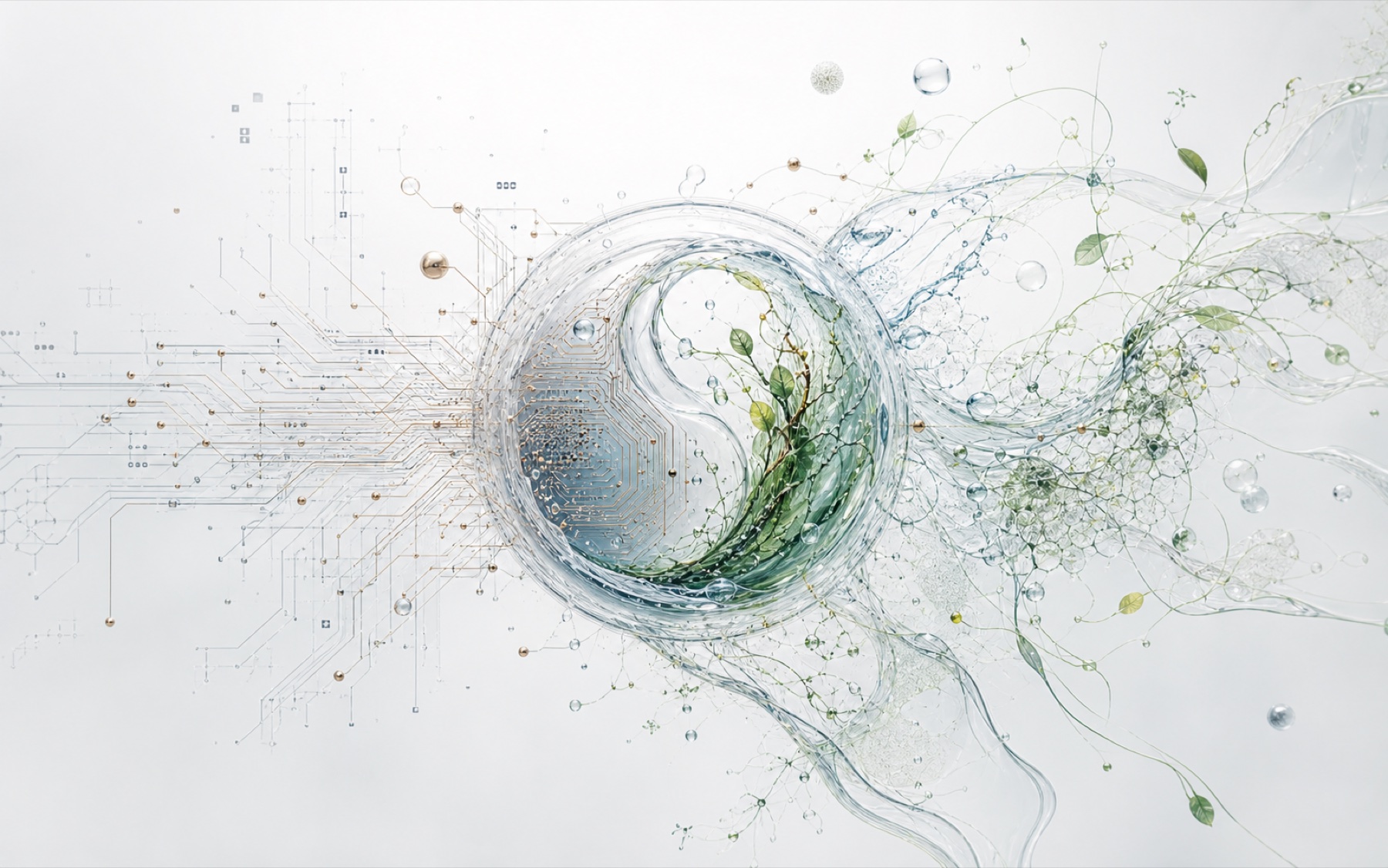 Silicon circuitry and organic water forms converging inside a clear circular field.