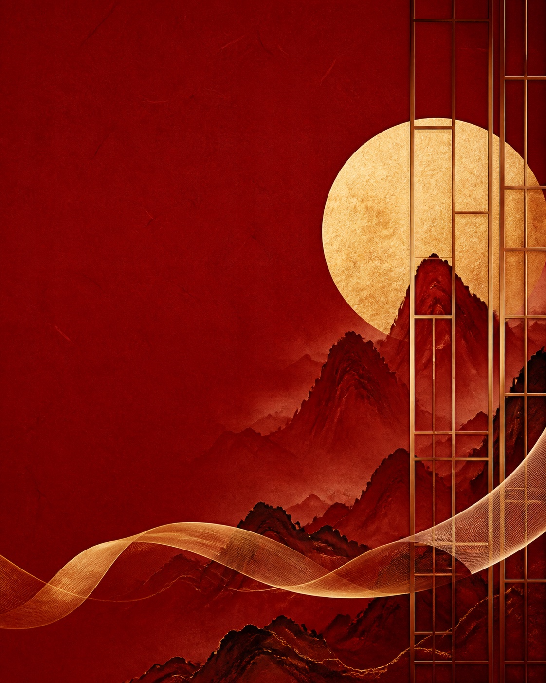 Contemporary Chinese landscape in cinnabar red with a gold moon and lattice geometry.