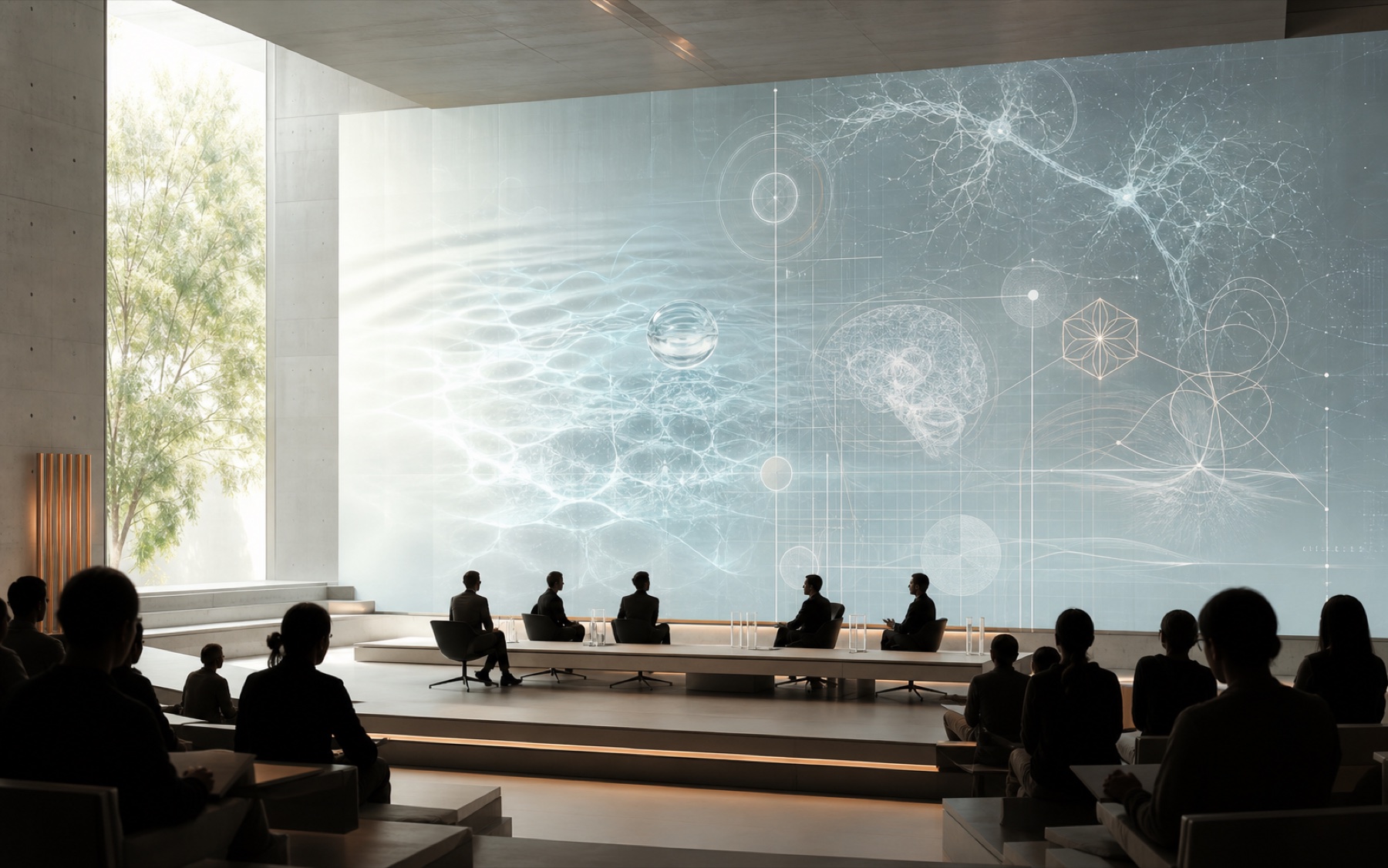 A bright research forum designed for public dialogue and panels.