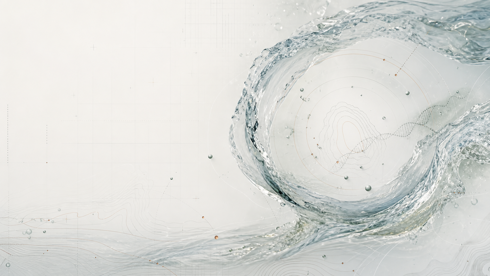 A translucent water-flow field with lab-grid traces and calm scientific light.