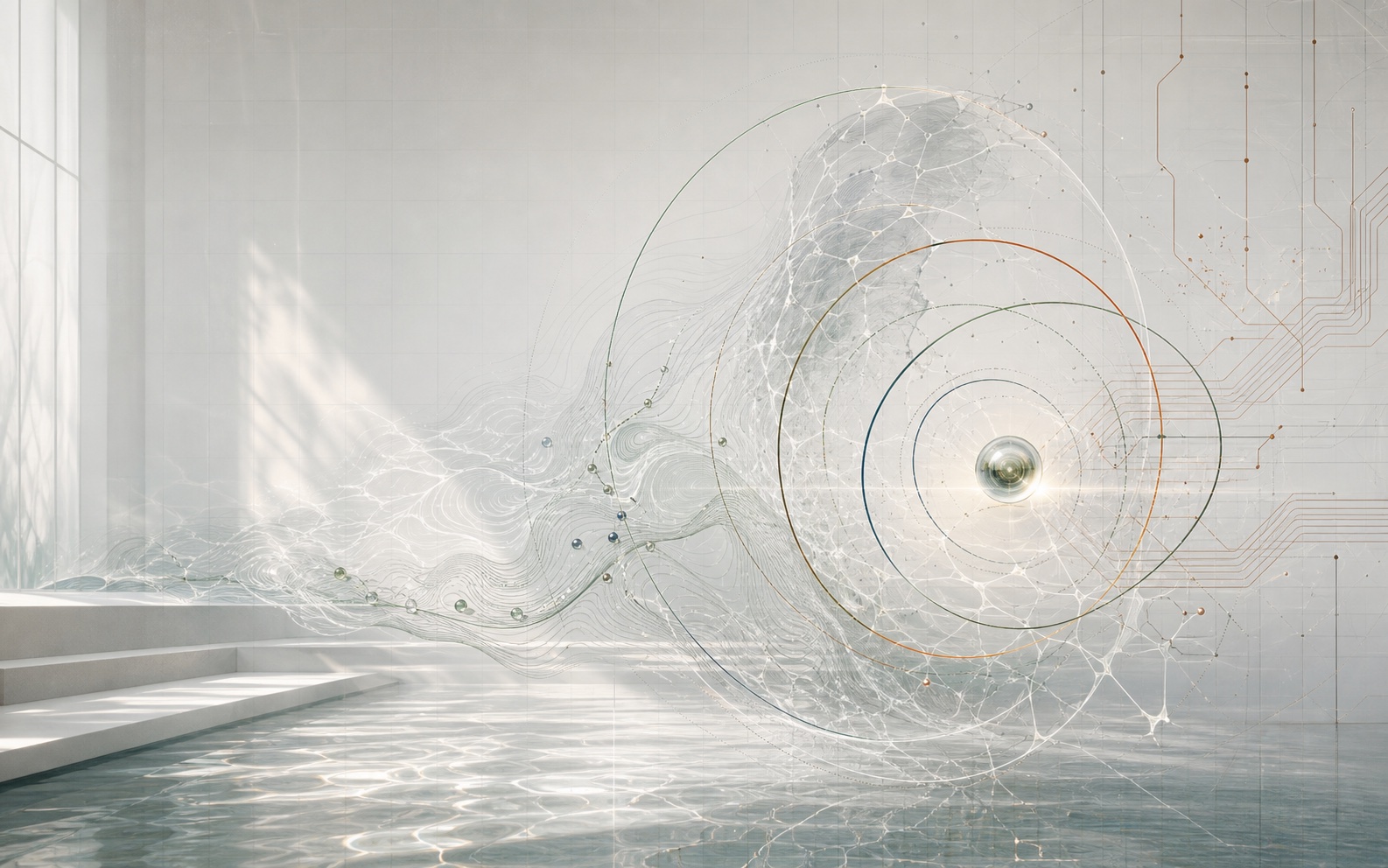 An abstract scientific field of water, orbital traces, and circuitry converging into a clear agency point.