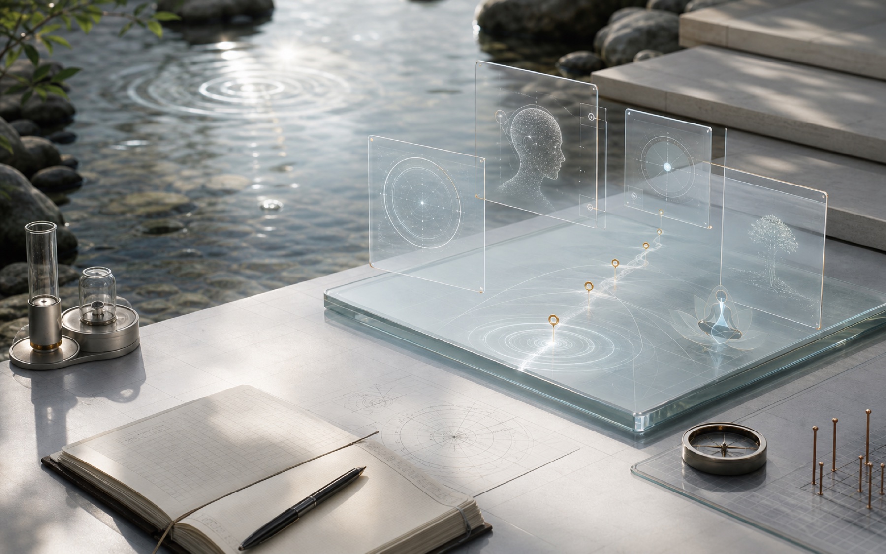 A minimal personal AI interface hovering above water and a research notebook.