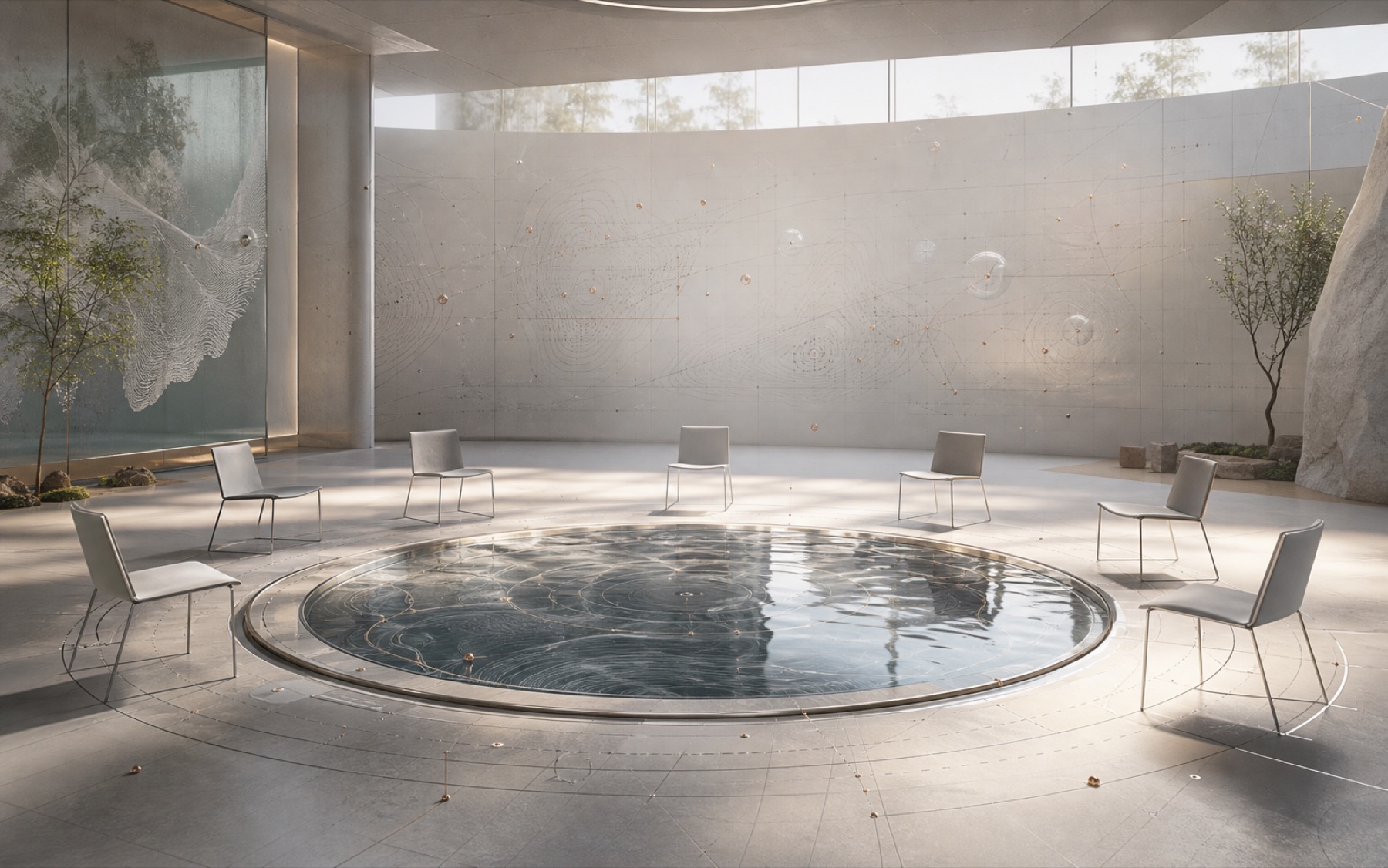 A quiet scientific reflection circle around a shallow pool of water.